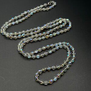 Vintage Aurora Borealis Glass Bead Necklace Single Strand Long Length 48 Inch